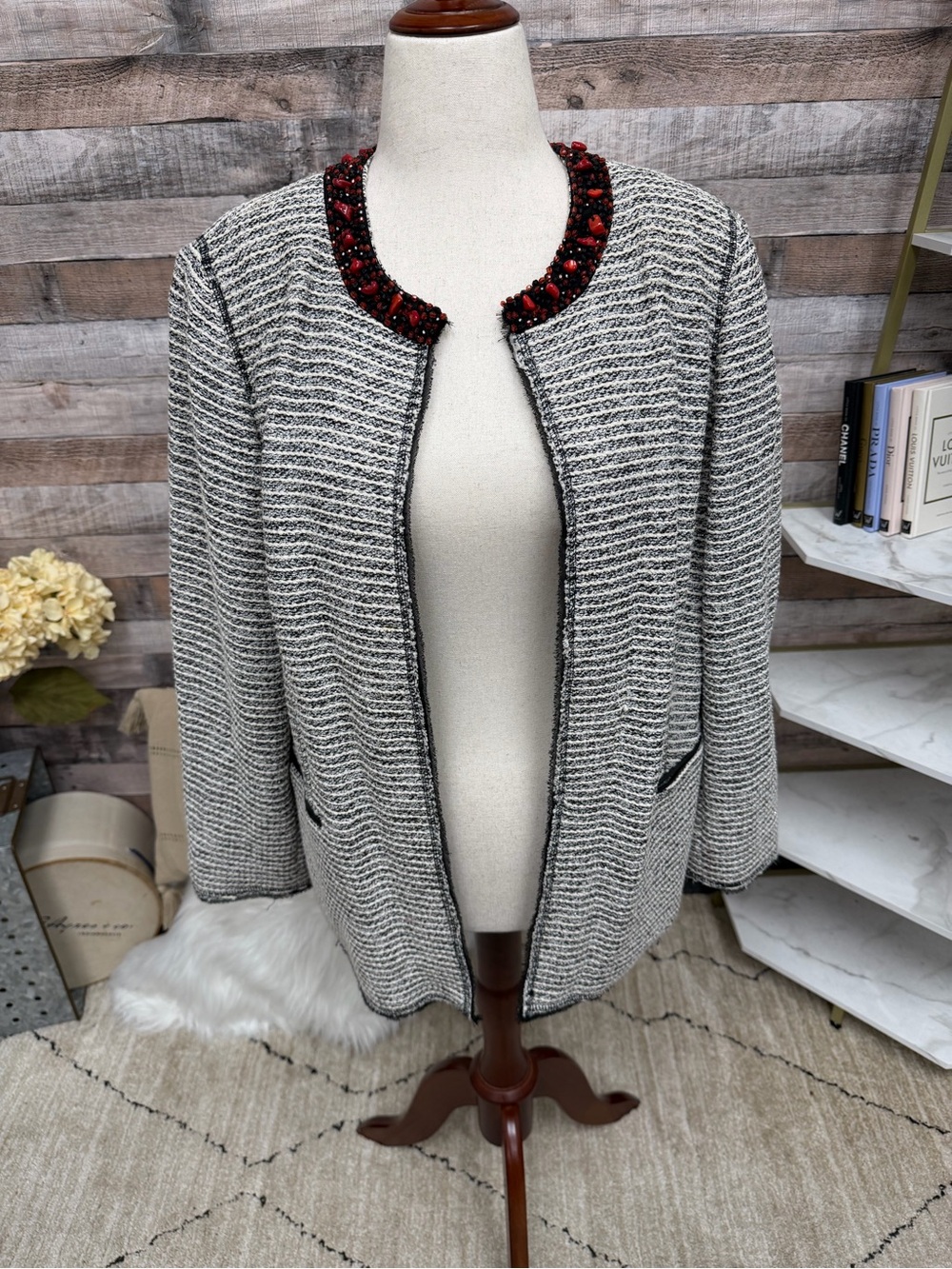 Chico's Tweed Blazer with Embellished Collar Open Front 2